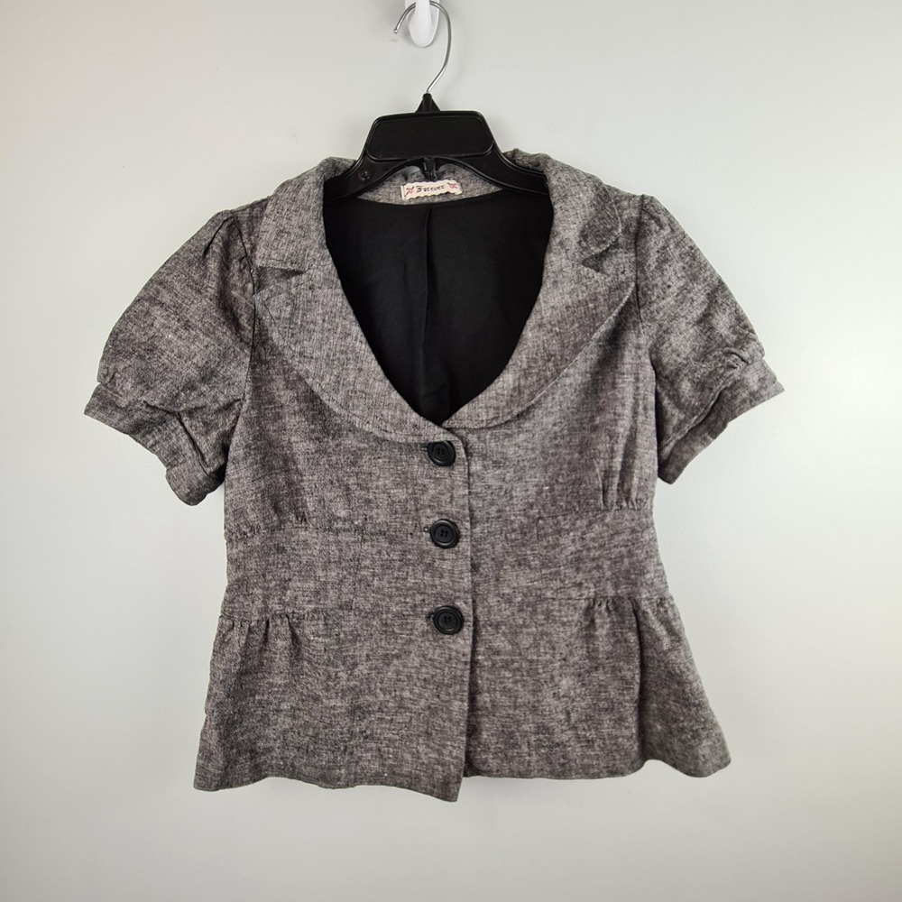 Forever Womens Linen Blend Short Sleeve Peplum Blazer Gray Size L Y2K Academia